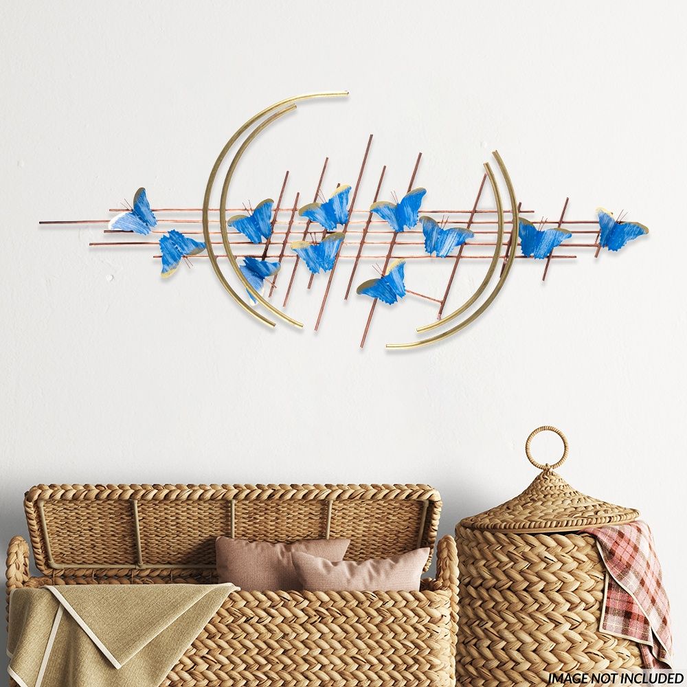 Metal Decorative Wall Hanging Art Big for Living Room Study Bedroom Office | Blue & Gold | 40 inch | Butterly Line Wall Art